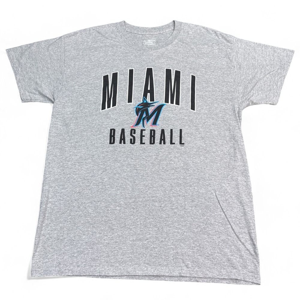 MLB x Miami Marlins T Shirt Adult Size Large Light Gray Varsity Print Logo Tee